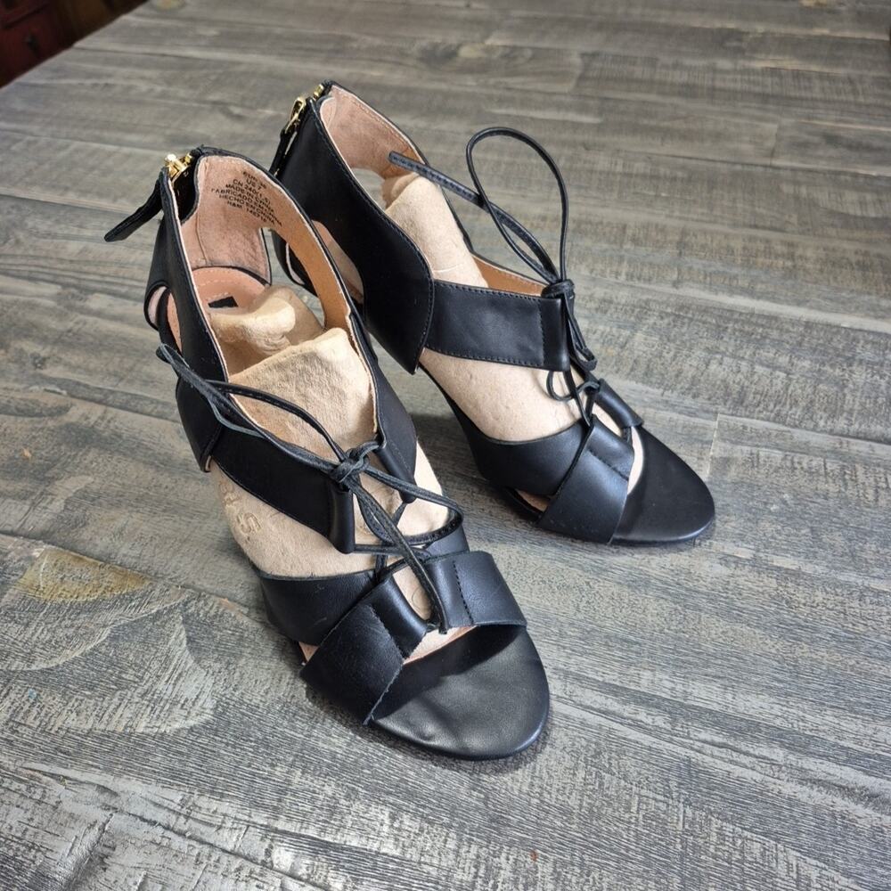 H&M High Heels Womens 7 Genuine Leather Black Lace Up Sexy Shoes Strappy Heels